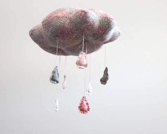 Pink Cloud Mobile - fabric sculpture for child nursery decor in silver gray, snow white, blush pink, and rose