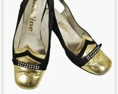 SALE SALE 1960s Deco Gold Cut Out Black Satin Heels . Size 36 / 6