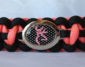 Custom Handmade Paracord Bracelet with a Handmade Buck/Deer Pink and Black Polka Dots Camo Charm - FREE Shipping