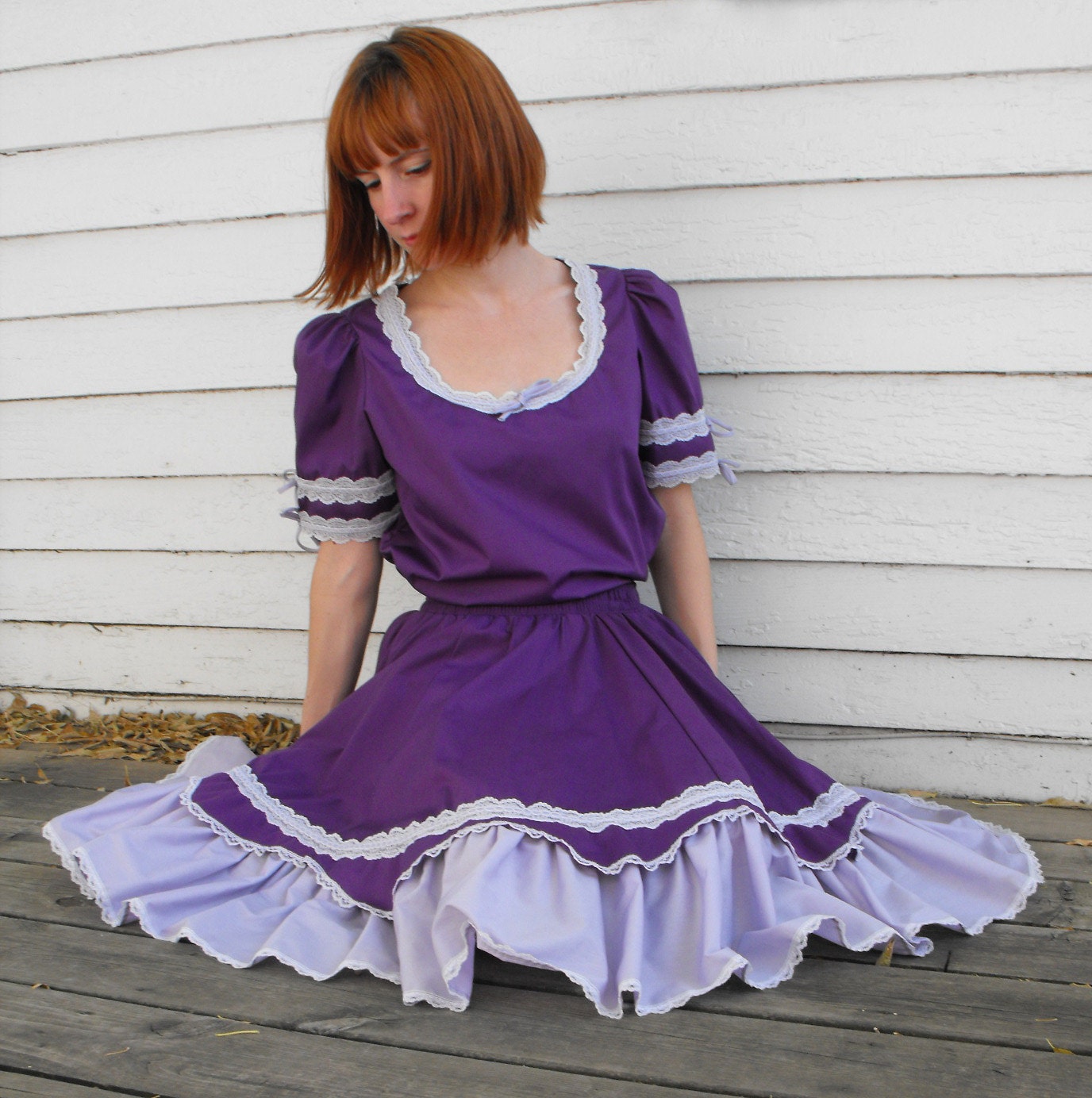 Vintage Square Dance Set Blouse Skirt Dancing Rockabilly Purple S