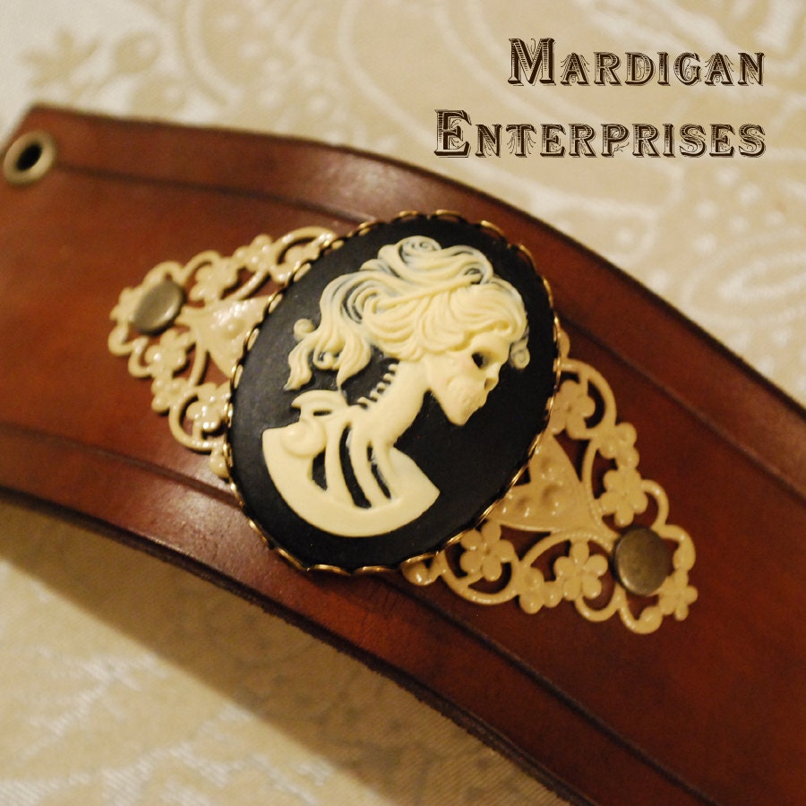 Leather Cuff - Black Skull Cameo on brown leather