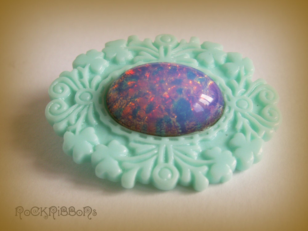 Mint resin brooch - vintage faux opal high dome oval cameo cabochon pin - floral and clover motifs with silver brooch pin.