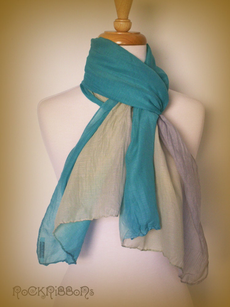 Lightweight cotton scarf - ombré - grey - olive - aqua - triple colour - organic cotton - summer scarf - cotton scarf.