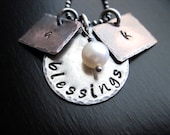 Hand Stamped Inital Necklace, Oxidized Copper, Oxidized Sterling Silver, Freshwater Pearl