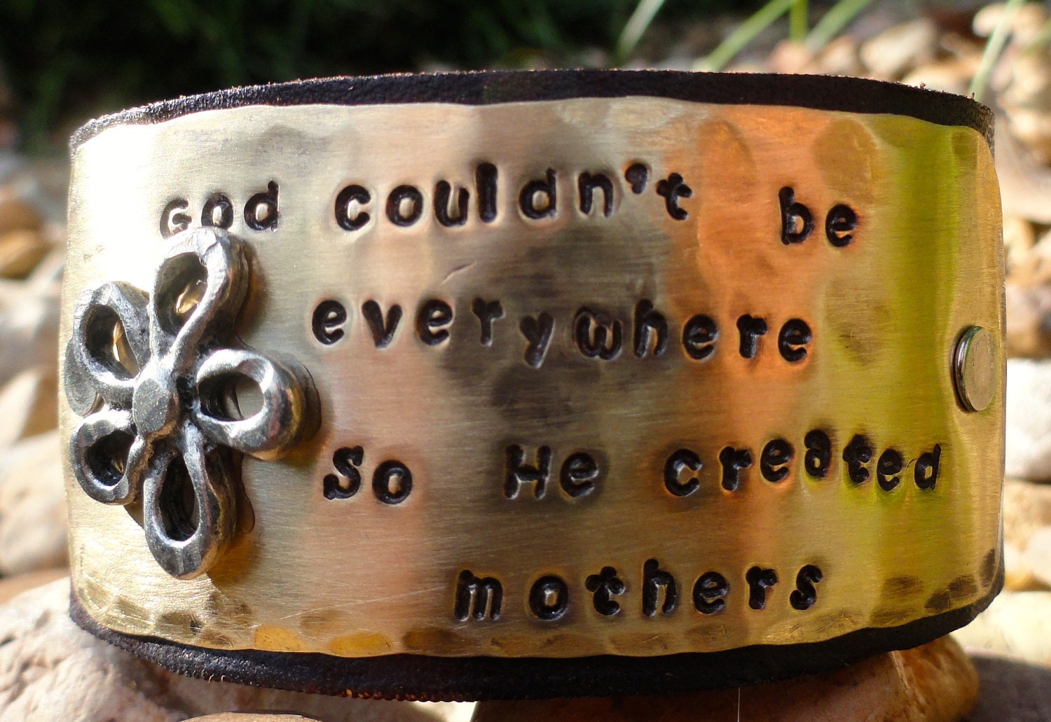 Mothers Day Leather Cuff Bracelet, hand stamped, Vintage Brass with silver nickel flower... and worn chocolate brown leather..