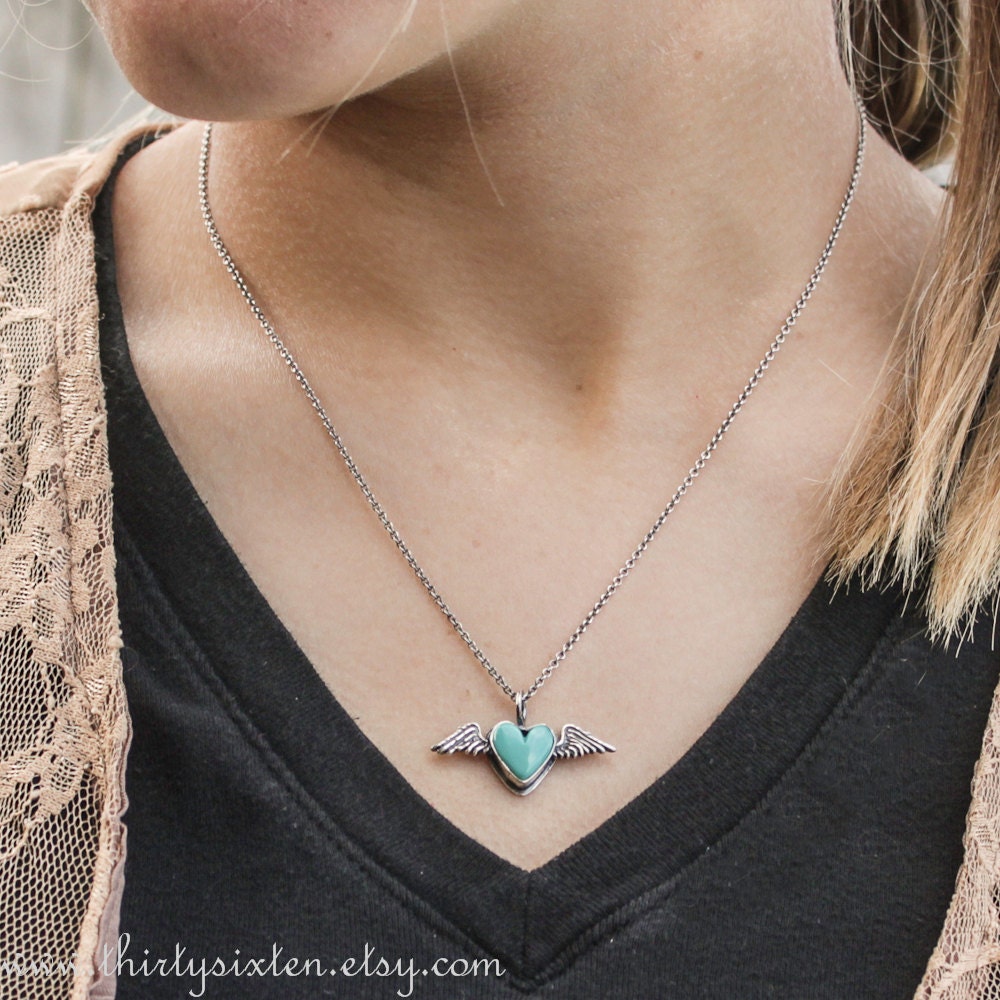 Turquoise Heart Necklace with Wings