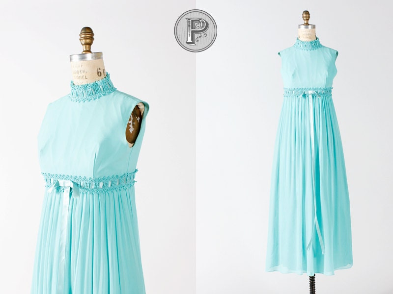 1960s dress xs small / 60s empire waist maxi dress blue : Sugar