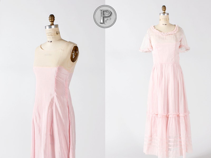 SALE // 1930s dress small - pink organza taffeta slip gown crepe: Soiree Gown