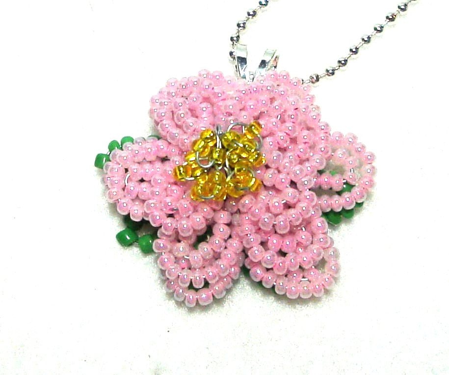 French Beaded Flower Pendant, Pink Larkspur