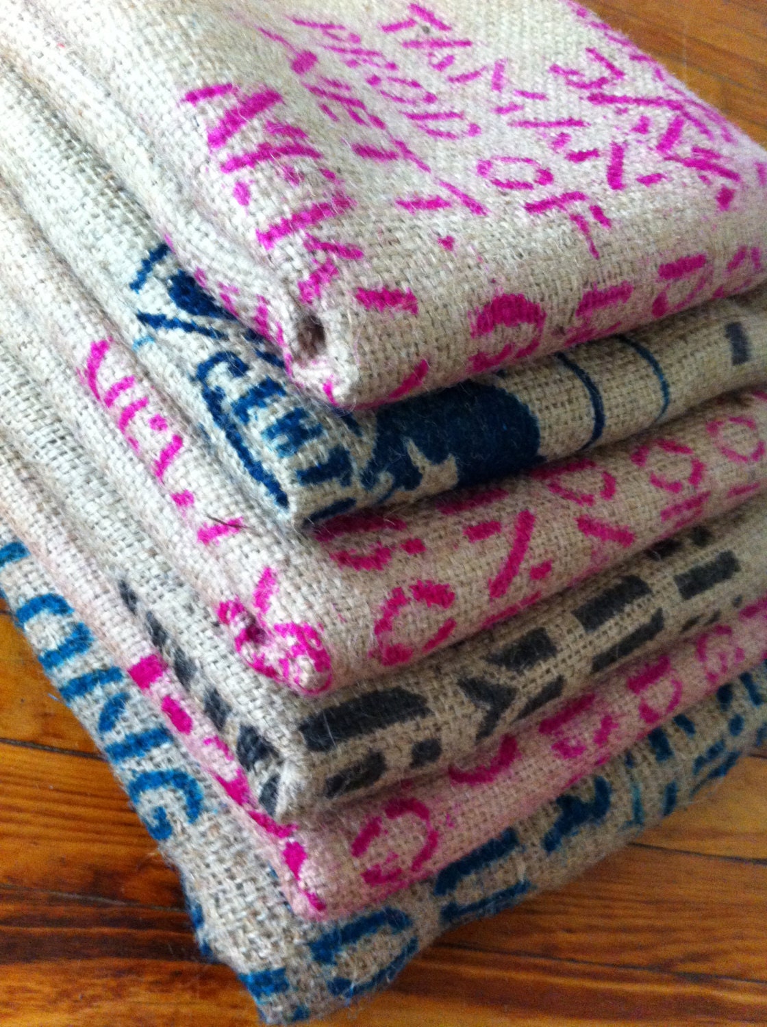 Lot of 6 Burlap Coffee Bean Sacks / Bags - For Crafting or Decorating - COLORFUL - Block Lettering - Africa Indonesia South America - JAVA