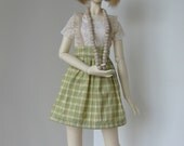 OOAK Ivory lace t-shirt, silk plaid skirt with ruffled suspenders & ivory necklace for SD 13 ball-jointed dolls