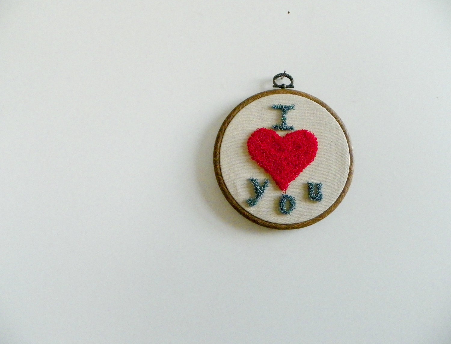 I Love You, Punch needle, handmade, Red heart, teal, beige circle hoop, Home decoration embroidery art, valentine's day