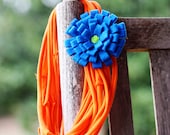 Infinity Scarf Necklace with Felt Rosette Brooch - Bright Orange with Turqouise Rosette Lime Green center
