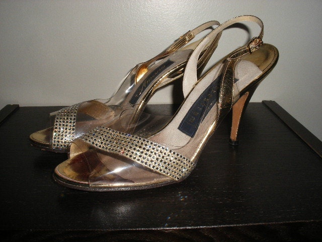 Vintage 70s Gold Clear Party Shoes With Diamonds SIZE 8.5"