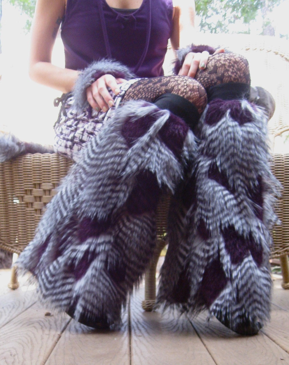 Great GREY OwL LEG WARMERS -- Purple // Grey // Black Feather faux Fur -- fluffies booties leggies unique Costume Accessory adult unisex