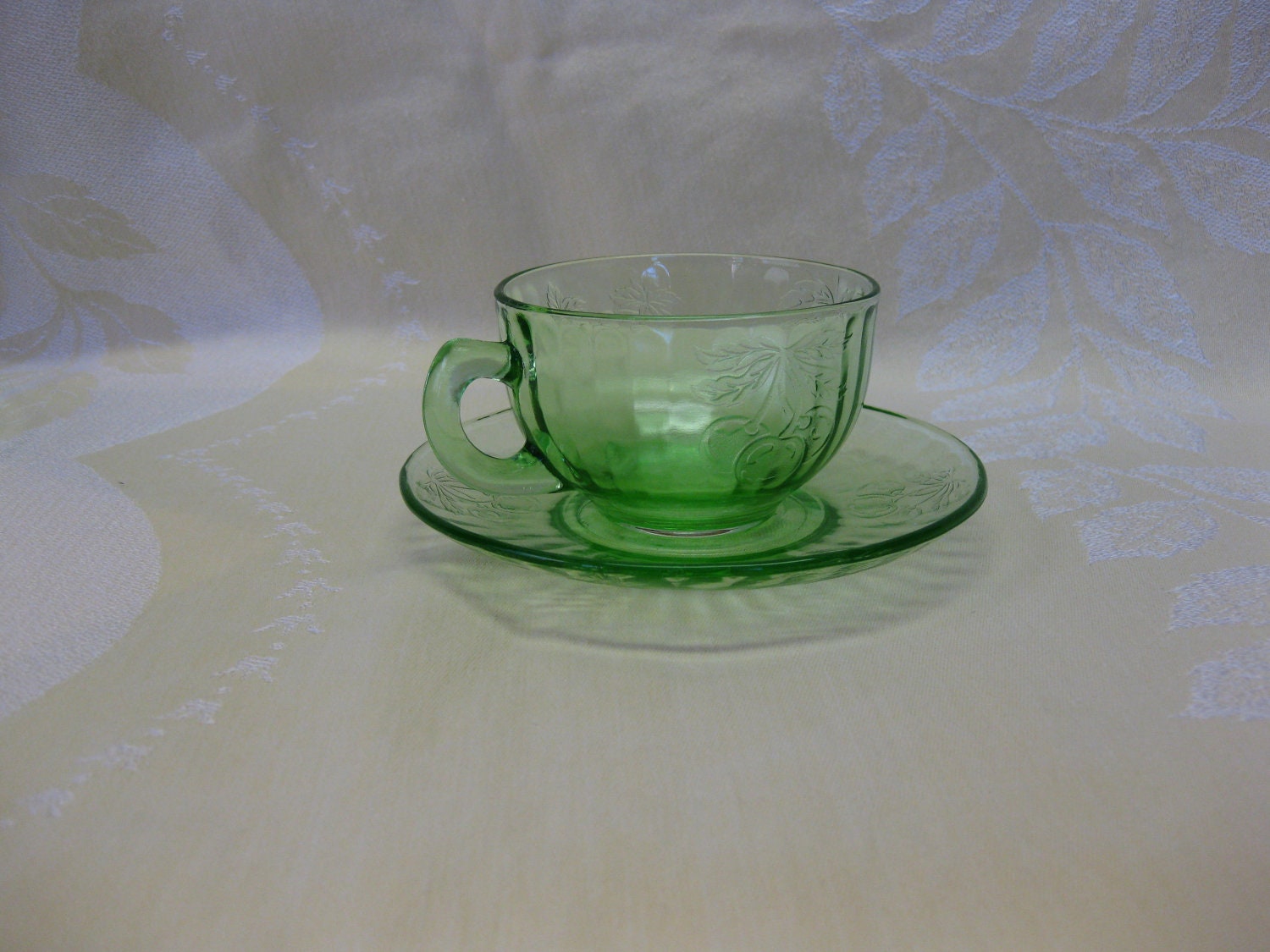 Cherry Blossom Depression Glassware/Tea Cup and Saucer