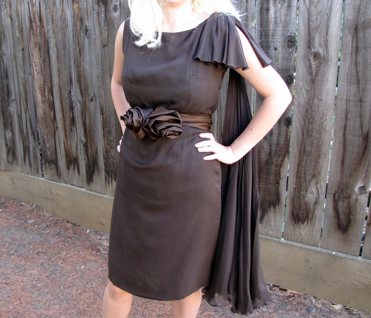 Vintage 1960s Brown Silk Sheath Cocktail Dress with Satin Rosette Belt