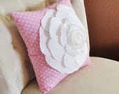 Throw Pillow White Rose on Pink White Polka Dot Pillow 14x14