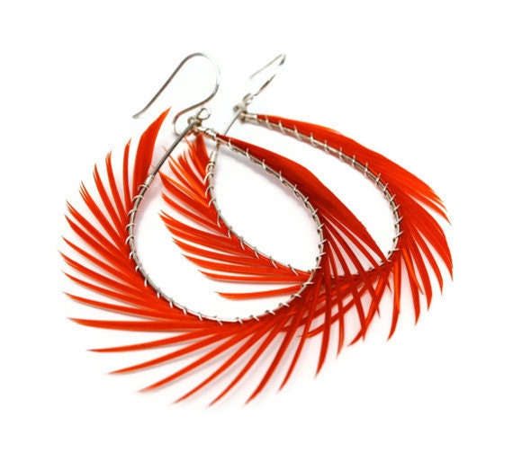 Tangerine Earrings, Spiked Hoop Feather Earrings