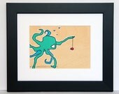 Octopus art print - Sucka ... You Can't Yo Yo Under Water - 5x7 print in 8x10 matting  - aqua blue green