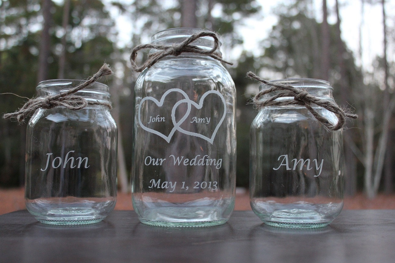 4 Piece Personalized Mason Jar Sand Ceremony set, Wedding Ceremony, Our Wedding 3 pouring vases