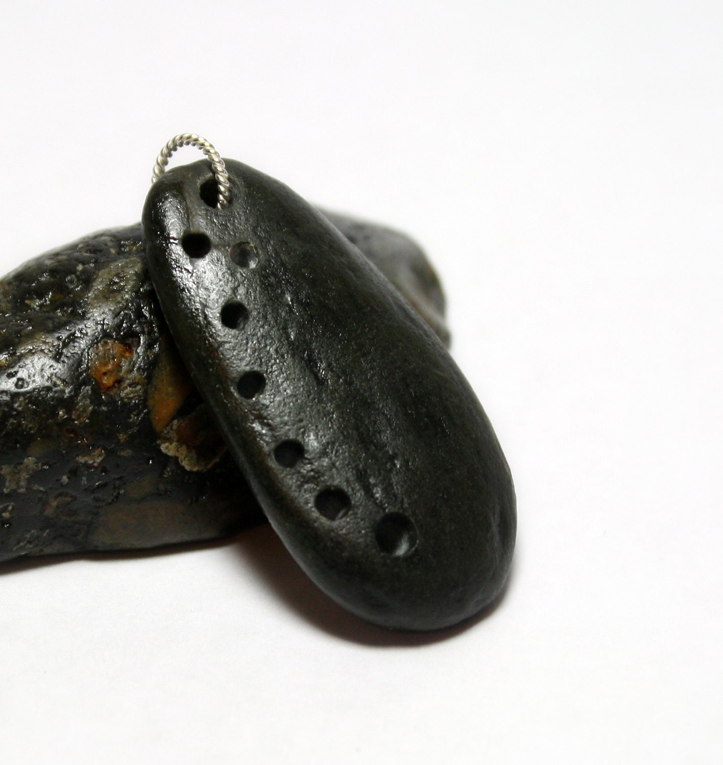 Black Beach Stone Pendant Jewelry- Sterling Silver Slide On Necklace Engraved Ebony Pebble by Allybeans