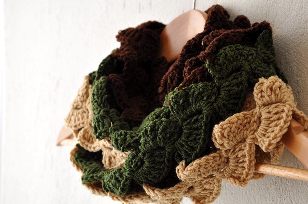 Long Brown Green Scarf - Knit Scarf Double Wrap