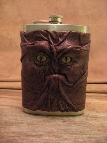 Grichels leather and stainless steel 12oz flask - scaly brown with green speckled slit pupil reptile eyes