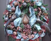 Christmas Wreath Chocolate and Aqua Winter Wreath Elegant Holiday Decor Fruit and Birds Holiday Wreath