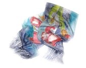 Hand Painted Long Silk Scarf with Fringes, Poppy Flowers Shades of Blue Background