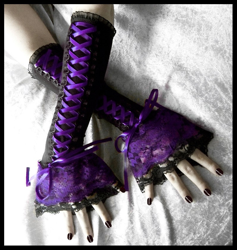 Nightshade Corset Laced Up Arm Warmers - Black - Deep Violet Purple Lace - Gothic Lolita Noir Wedding Belly Dance Dark Tribal Goth