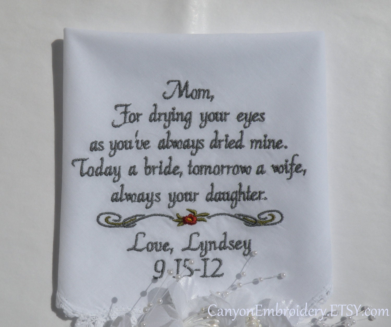Personalized Wedding Handkerchief Embroidered Hanky for Mother of the Bride or Groom By Canyon Embroidery on ETSY