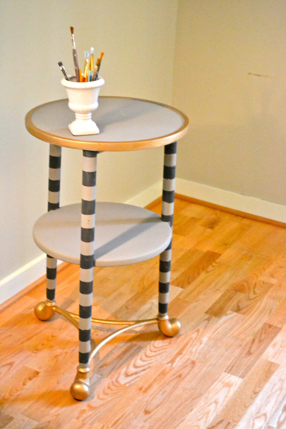 French Linen and Black Hand Painted Vintage side Table