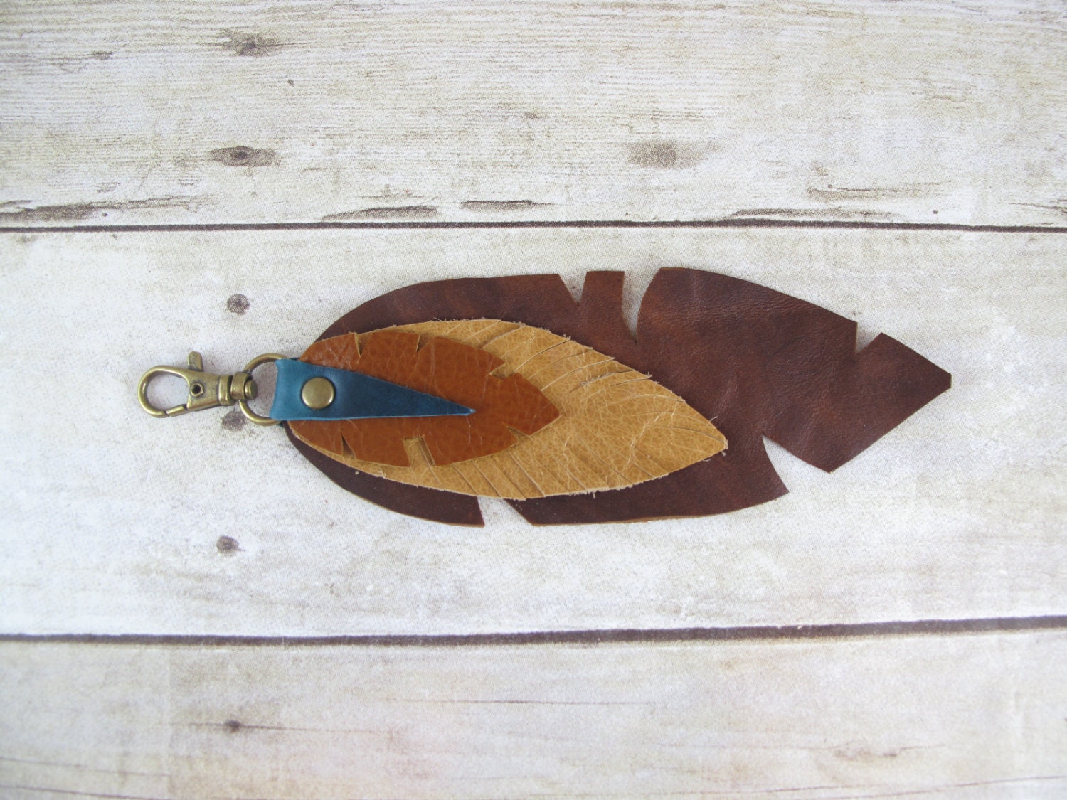 Leather Feather Bag Charm or Key Fob Cognac Honey Brown