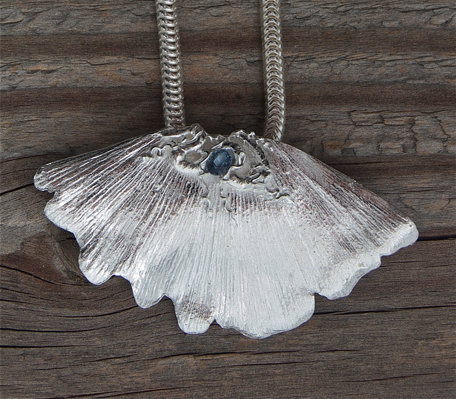 Blue sapphire necklace, ginkgo, eco friendly, statement necklace, sterling silver, blue jeans