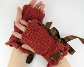 Knit fingerless gloves arm warmers fingerless mittens rusty orange crochet lace brown ribbon victorian curationnation