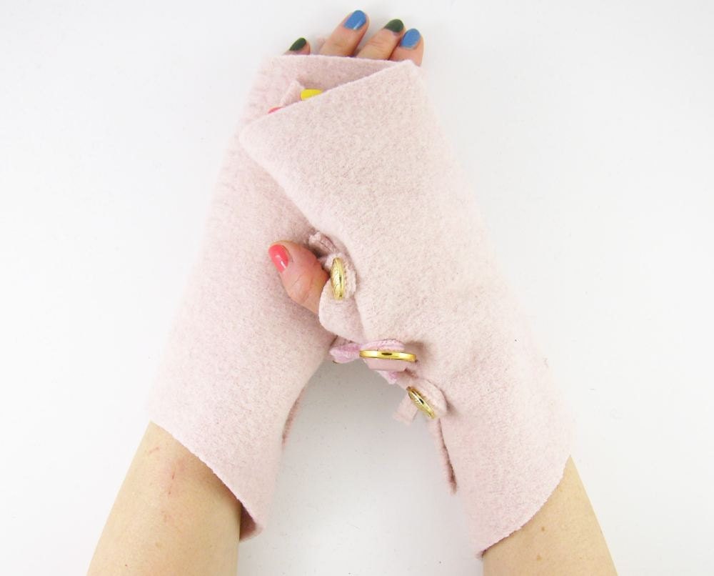 fingerless gloves arm warmers fingerless mittens arm cuffs pale pastel pink recycled wool eco friendly fall autumn tagt curationnation