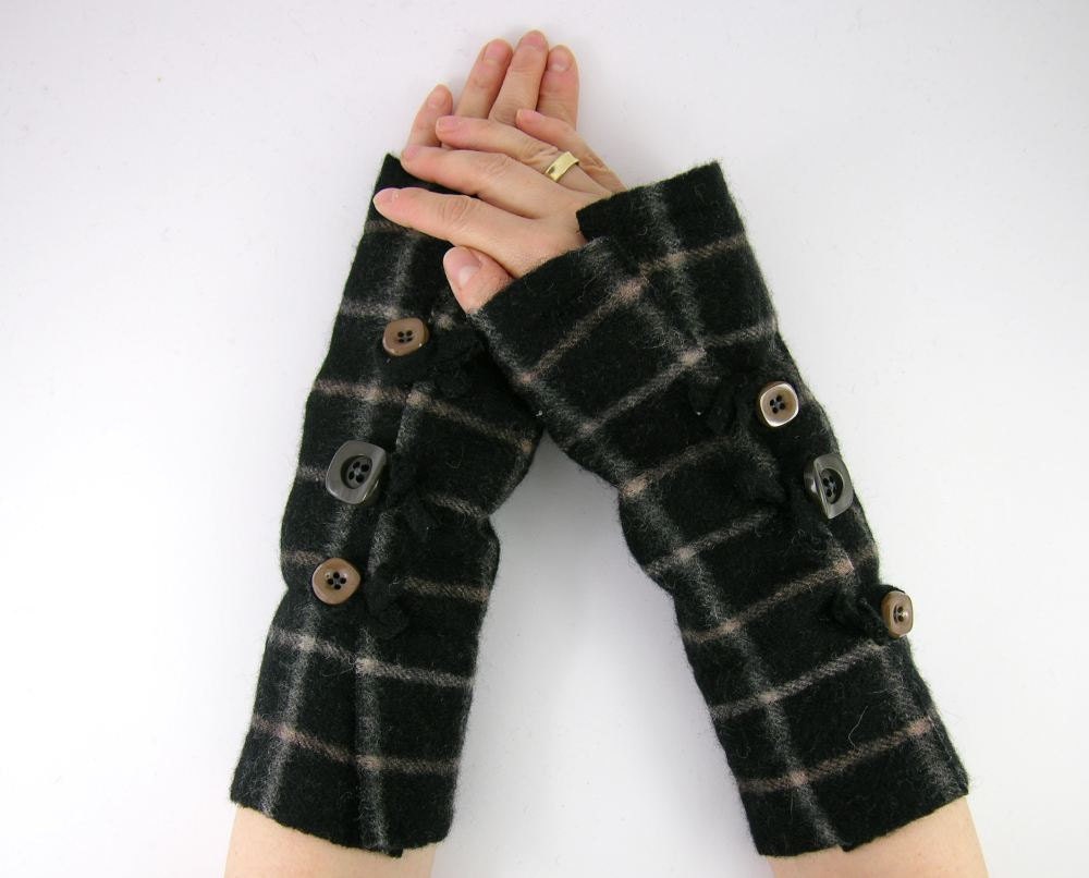 arm warmers fingerless mittens fingerless gloves arm cuffs recycled wool black copper rose plaid eco friendly tagt team curationnation