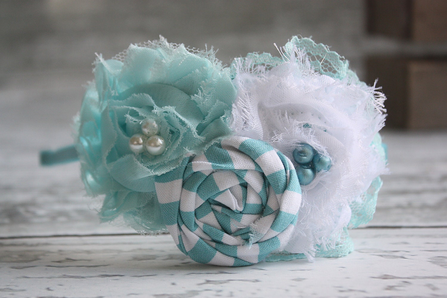 Bird's Eye View- white and aqua rosette and lace vintage inspired headband