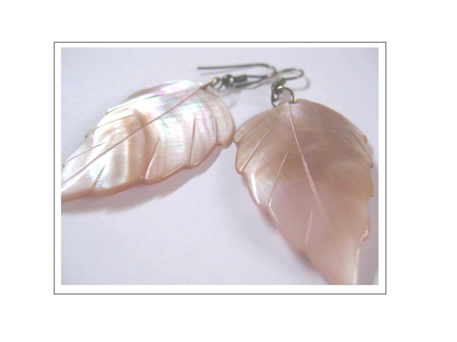 Lovely Vintage Mother of Pearl Carved Leaf Dangle  Earrings   Iridescent, Captivating and Beautiful FREE SHIPPING