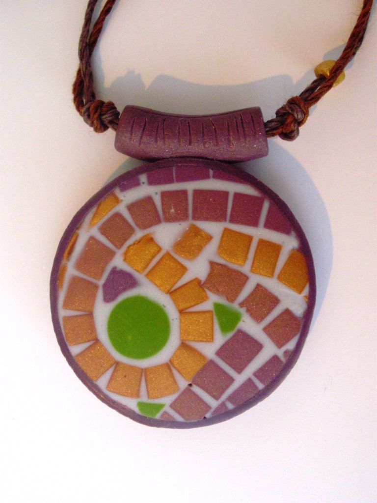 ATHENS Mosaic Pendant Shimmering Gold and Purple Circle in Polymer Clay