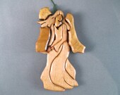 Handmade wooden Christmas ornament:  Angel, maple, walnut, redwood intarsia