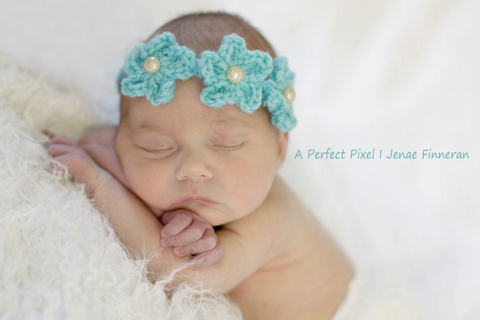 Floral Newborn Baby Headband Crochet  Photo Prop Flowers Aqua