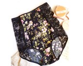 Womens Romantic High Waist Panties Lingerie in Black & Pink Floral Bohemian Retro  Made to Order