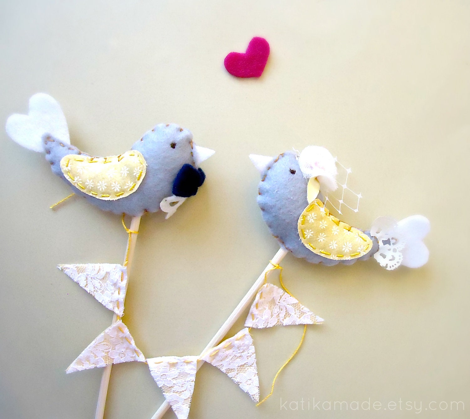 Bird Wedding Cake Topper. Grey and Yellow Bird Cake topper. Modern Wedding. White lace-yellow satin. Elegant Cake Topper.
