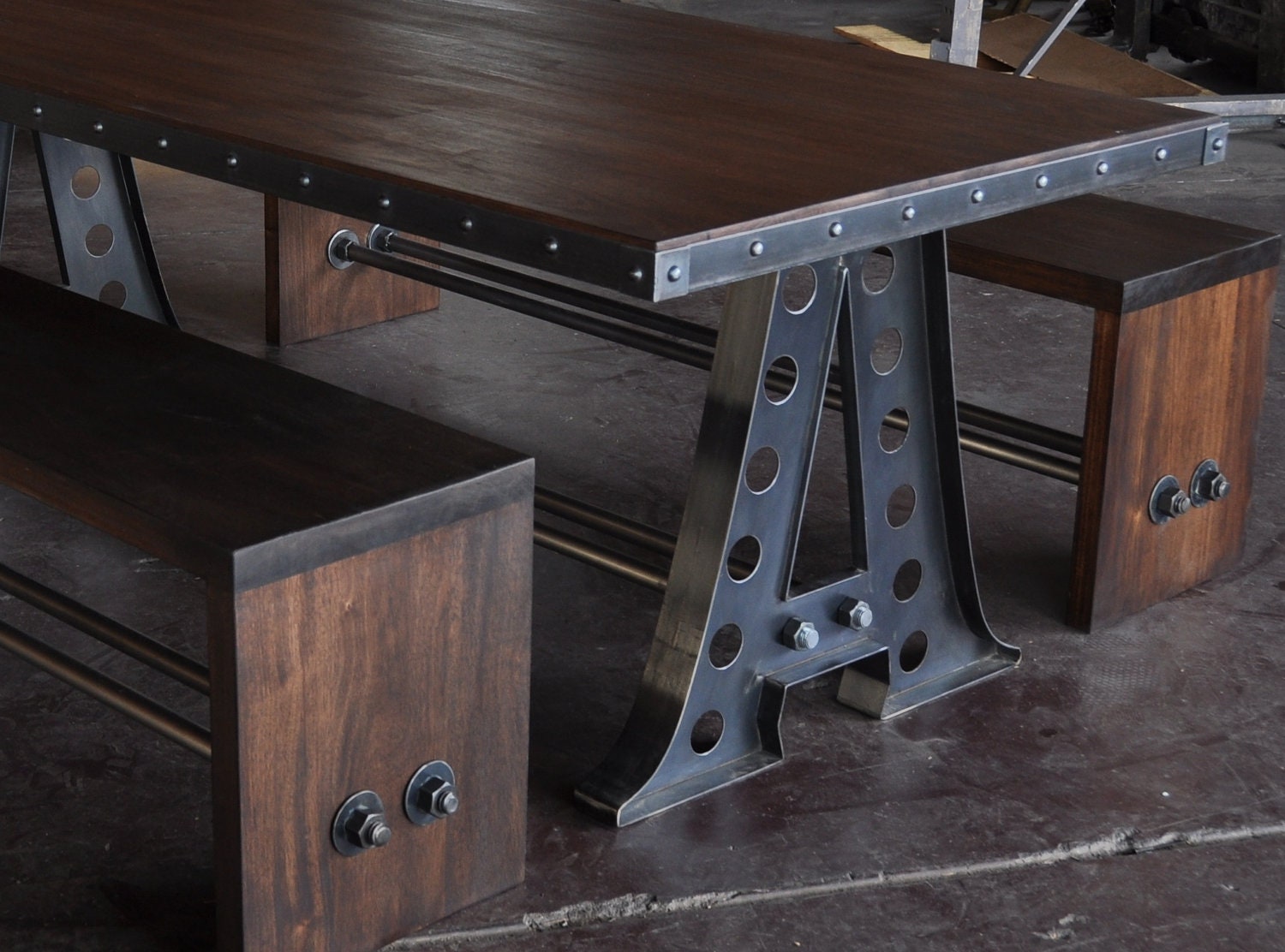 Vintage Industrial A Frame Dining Table/Mahogany Benches/Restaurant Seating