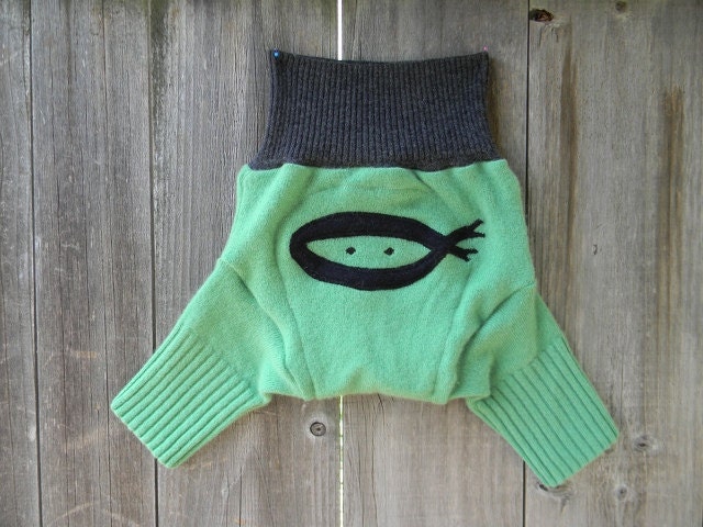 Upcycled Cashmere  Shorties Soaker Cover Diaper Cover With Added Doubler Pea Green/Black With Ninja Applique MEDIUM