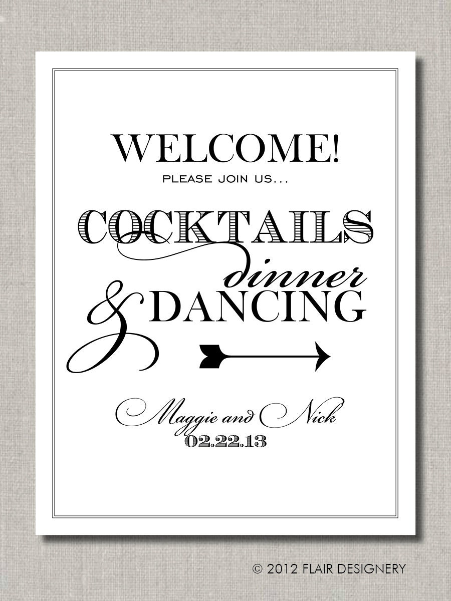 Cocktails Dinner and Dancing Welcome Wedding PRINTABLE Poster, Table Sign or Guest Book Sign by Flair Designery Il_170x135