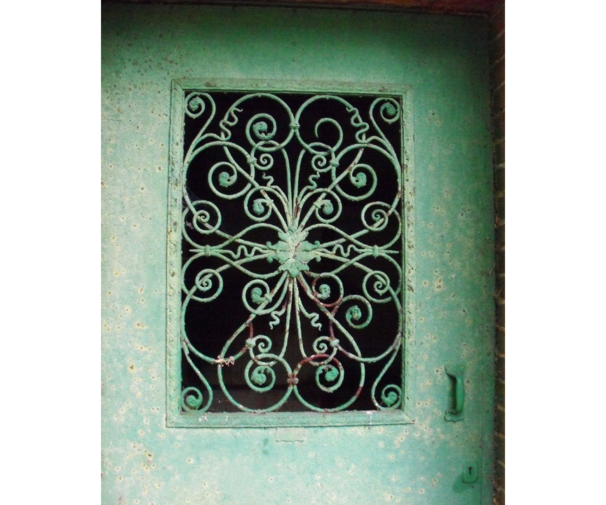 Rusty Old Door turquoise ironwork door wrought iron window grate industrial architectural photography vintage style door 8 x 10 print