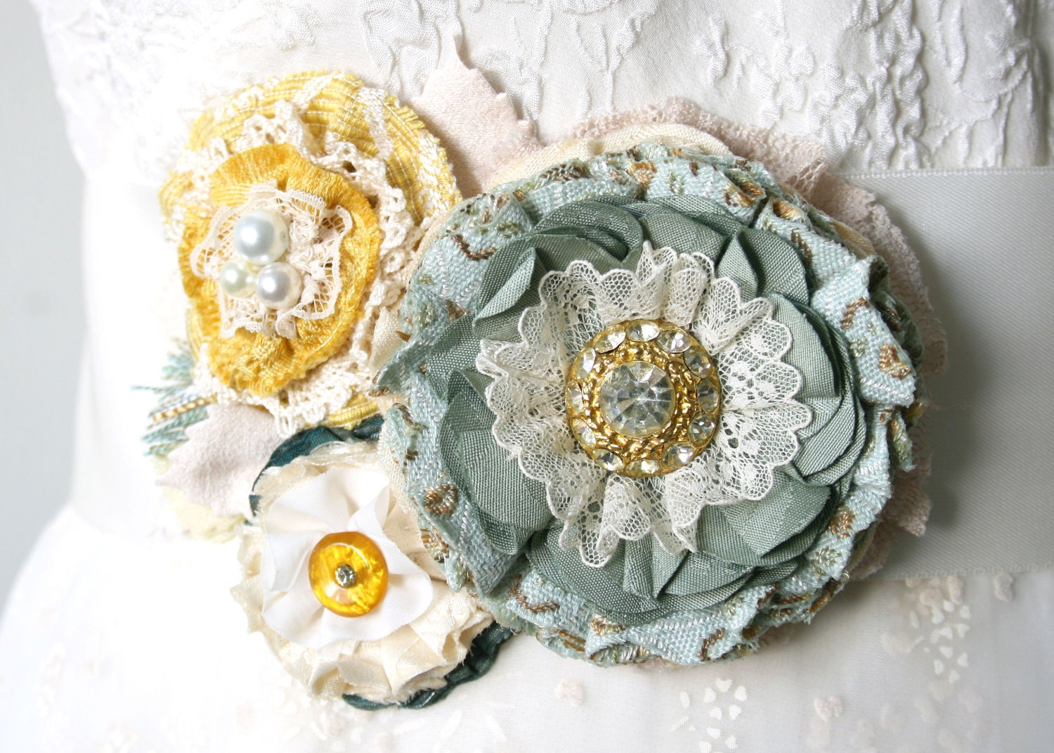 Wedding Sash, Robin Egg Blue and Yellow, Wedding Gown Sash Belt, Fabric Flowers, Vintage Wedding